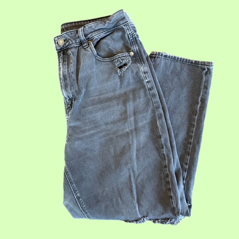 American Eagle Distressed Striged High Rise Black Mom Jeans • Women's Size 14